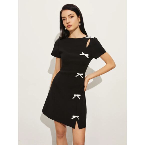 Commense Bows Girly Side Split Cutout Black Stretch Mini Dress XS - Picture 1 of 5